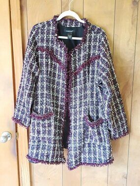 Ashley Stewart Open Front Tweed Coat Jacket Size 18/20 Burgundy Black Polyester
